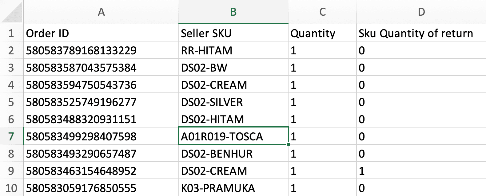 Spreadsheet before processing